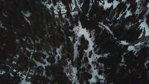 4K Aerial View  over forest with way, path, road, street in winter with snow. Stock Footage 90773713