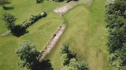4K Aerial View over grass landscape on hill with trees. Stock Footage 90772171