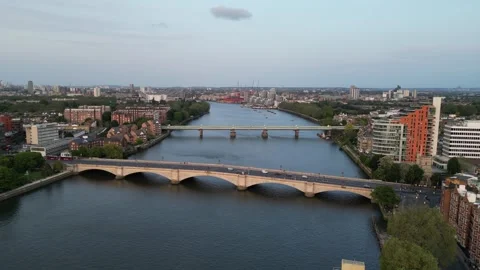 4k Aerial view of Putney bridge at dusk , evening light, London Stock Footage 242367589