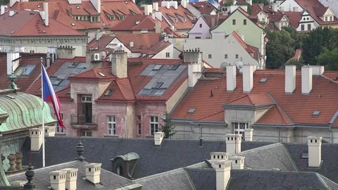 4K Aerial view red rooftop building of suburban house in Prague Czech flag wave Stock Footage 72172262