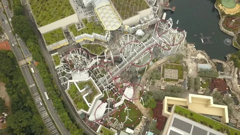 4K Aerial view of roller coaster at Universal Studios theme park in Singapore Stock Footage 107893456
