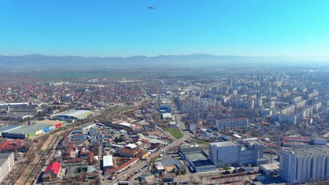 4K Aerial View of Sofia Skyline, Industrial Zone &amp; Airplane, Bulgaria Video stock 336441667