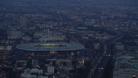4K Aerial view of Stade de France sports stadium at night - EDITORIAL Vidéo 77191891
