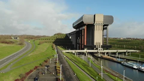 4k Aerial view of the Stepy-Thieu boat lift. Boat lift in Belgium. Stock Footage 157533307