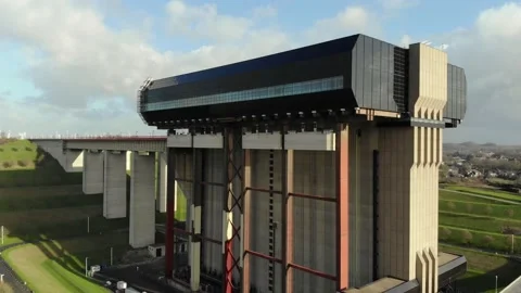 4k Aerial view of the Stepy-Thieu boat lift. Boat elevator in Belgium. Stock Footage 164910372
