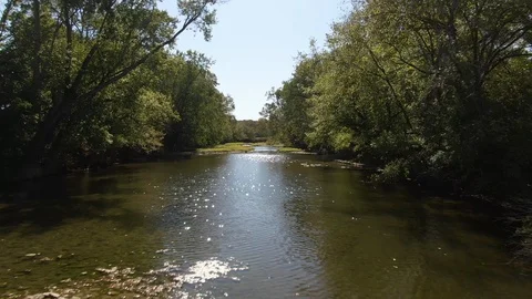 4k Aerial view of stream in between trees on clear day Vídeos de archivo 122784298