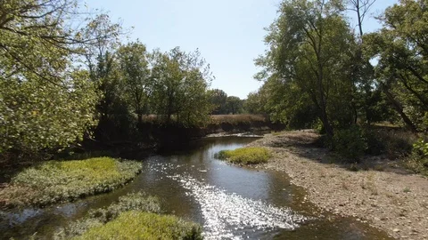 4k Aerial view of stream in between trees on clear day Stock Footage 122786421