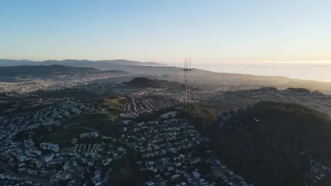 4K Aerial View Sutro Tower San Francisco Slow Orbit Sunset Ocean Twin Peaks Stock Footage 252555202