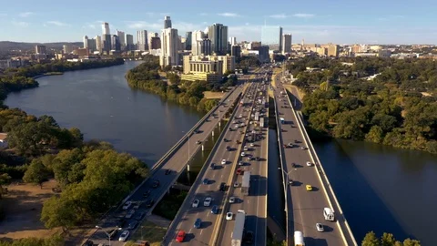 4k aerial view view over Interstate 35 traffic corridor in downtown Austin Stock Footage 118242345