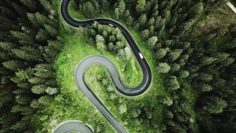 4K Aerial View of Winding Forest Road with White Vehicle Stock Footage 325805212