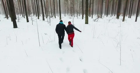4K aerial view of young couple walking in winter forest. Stock Footage 71715344