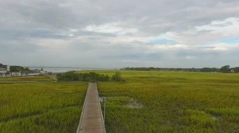 4k Aerial of Wet Grass Lands in Charleston South Carolina Stock Footage