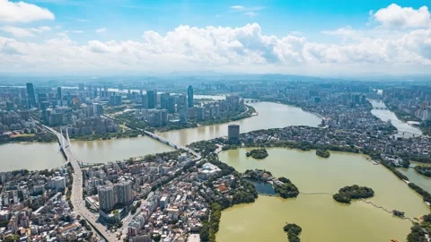 4K Aerial Wide Panoramic Timelapse of Urban Skyline, Huizhou, Guangdong Vídeo Stock 344372203