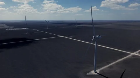 4K Aerial Of Wind Turbines In Open Fields Video Stock Footage 330758750