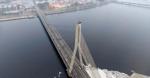 4K Aerial winter view of cable-stayed bridge over Daugava river in Riga Latvia Stock Footage 72279378