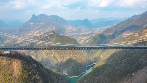 4K Aerial Worlds Second Highest Bridge Crossing Canyon Time Lapse Stock-Footage 347205143
