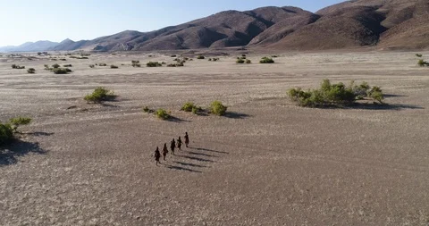 4K aerial zoom in view of five people from the Himba tribe walking in the Namib Stock Footage 95210325