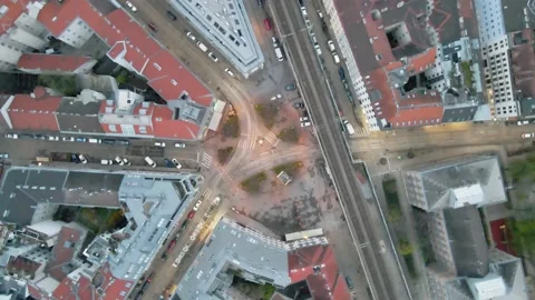 4K Aerial/Drone Top Down Rotate around European Intersection at Night Stock Footage 238690103