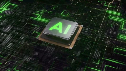 4K AI Processor Glowing Green Center Circuitry Flowing Digital Data Advance.. 库存影片 333785318