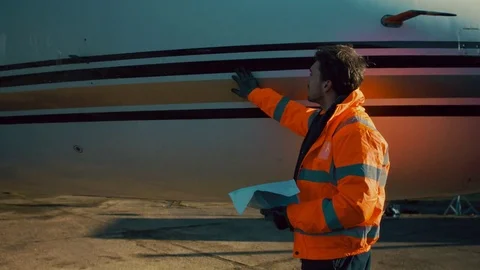 4K Aircraft engineer checking over plane before or after a flight 스톡 동영상 72625777
