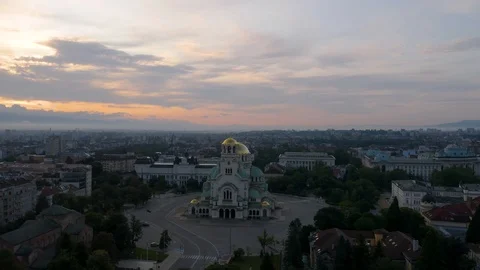 4K Alexander Cathedral Sofia City Bulgaria Helicopter at Sunset Twilight Stock Footage 122461919