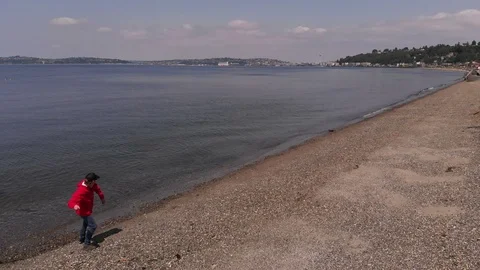 4K Alki Beach Man Throwing Rocks Into Water Space Needle In Background Video stock 109424043