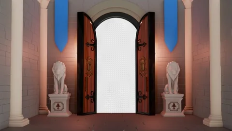 4K Alpha Medieval Fantasy Double Doors Opening Camera Pass Through Stock Footage 344421330