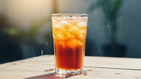4K Amber Iced Tea Tall Textured Glass Beverage Service Close Up 库存影片 339267494