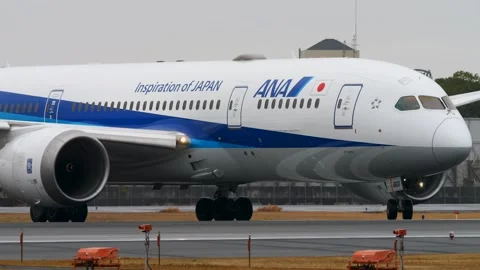 4K ANA Boeing 787-8 JA801A Lineup in Rain at Osaka Itami Airport Japan Stock Footage 337115906