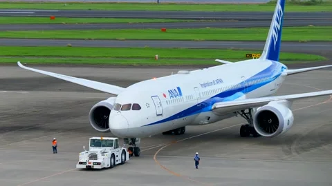 4K ANA Boeing 787-9 JA937A Pushback at Tokyo Haneda Airport Japan Stock Footage 338375338