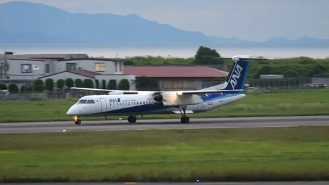 4K ANA Bombardier Dash 8 Q400 JA847A Taking Off at Matsuyama Airport Japan Stock Footage 336248400