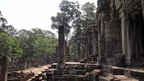 4K, Ancient stone wall at Bayon temple in Angkor Thom. Architecture Cambodia-Dan Stock Footage 119057617