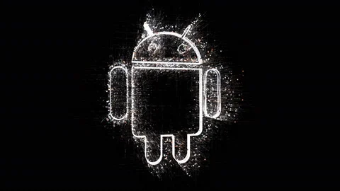 4k Android operating system word brand robot Logo,Matrix binary computer code. Stock Footage 111637343