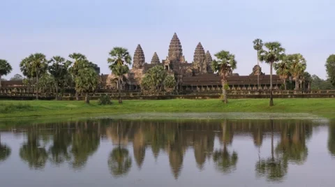 4K Angkor Wat temple at sunset, with reflection in the lake, Cambodia. Stock Footage 66113085