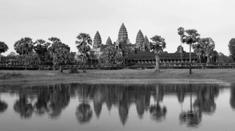 4K Angkor Wat temple at sunset in back/white, with reflection in lake, Cambodia. Stock Footage 66292868