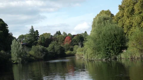 4K angled shot of a still river on a summer day, surrounded by trees. Stockbeeldmateriaal 55292649