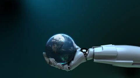 4K animated robot hand tossing Earth globe. Loop. Alpha channel. Depth of field. Stock Footage 40268573