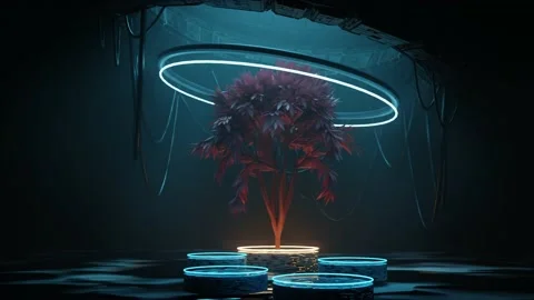 4K animation of abstract sci-fi scene where light falls from the top on a tree. Stock Footage 229995465