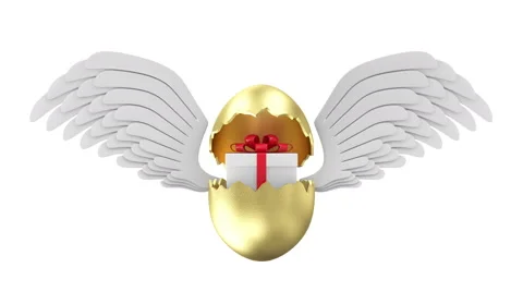 4K Animation of Broken Golden Easter Egg with Gift Box and Angel White Wings Stock Footage 48169839
