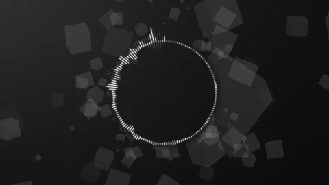 4K animation glowing circle audio spectrum with moving 3d box Stock Footage 276981252