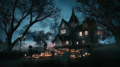 4K Animation Gothic House With Glowing Carved Pumpkins At Night 스톡 동영상 334451388