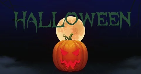 4k Animation of Halloween Background with Pumpkin and flying Bats. Scary Vídeo Stock 141990249