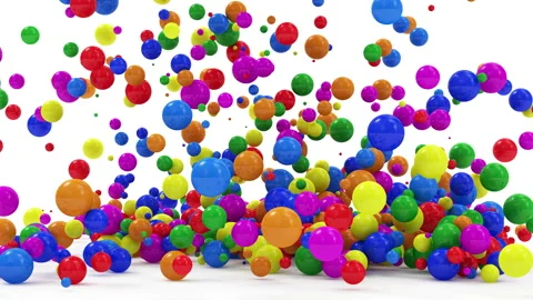 4K Animation of Heap of Colored Balls Falling on white background in Slow Motion Stock Footage 106376898