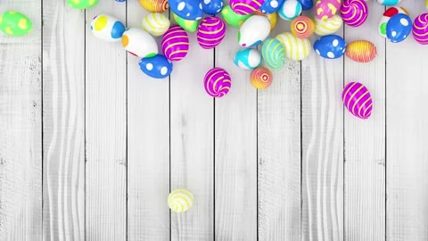 4K Animation of Heap of Painted Easter Eggs roll down on wooden background Stock Footage 122829869