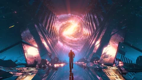 4k animation of man running towards galaxy fictional world Vídeos de archivo 164447060