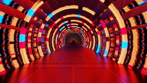 4K animation of multicolor neon lights circular tunnel loop with glossy ramp. Stock Footage 149090106