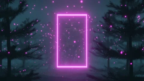 4K animation of neon rectangle and lights between magical Forest landscape Stock Footage 157746577