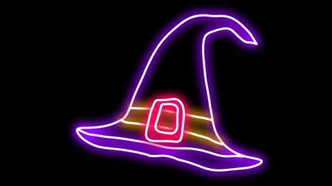 4k animation of neon witch hat for halloween Stock Footage 253453557