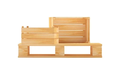 4K animation of a pallet with falling empty wooden crates. Stock Footage 331746405