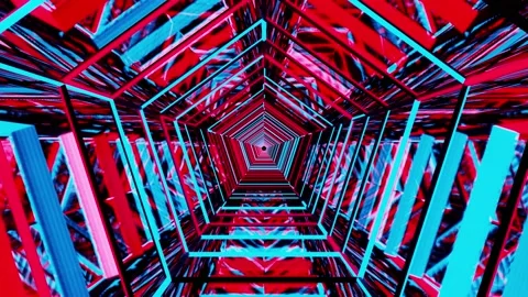 4K animation of red and blue color neon lighting pentagon shape tunnel looping. Video stock 150770889